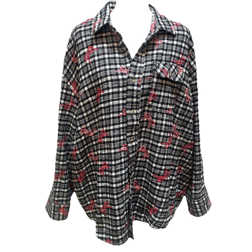 BDG Urban Outfitters Dani Bow Embroidered Flannel Plaid Shacket S Coquette